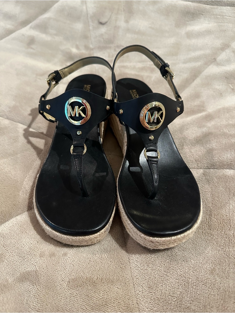 Michael Kors Black and Gold MK Espadrille Wedge Sandals